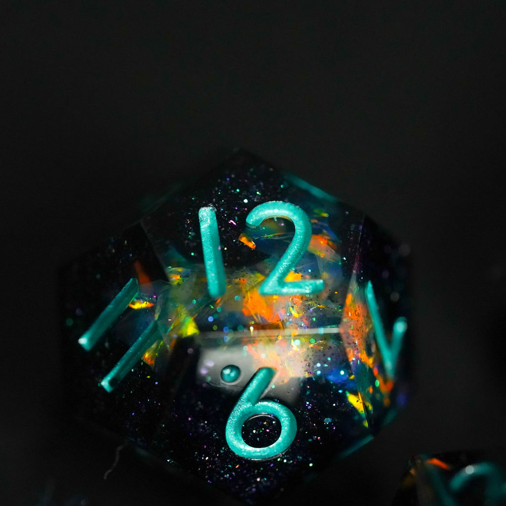 Glowing polyhedral dice with numbers on a dark background