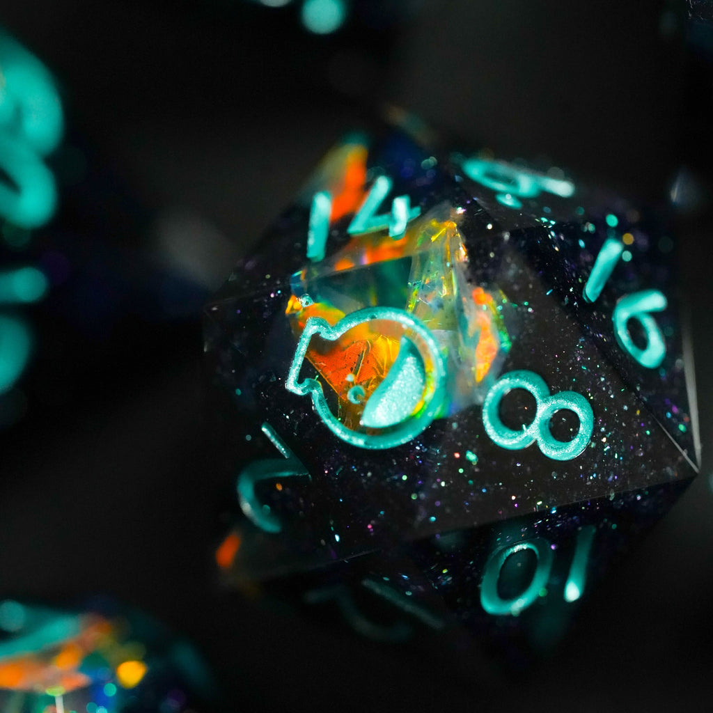 Glowing polyhedral dice with numbers on a dark background