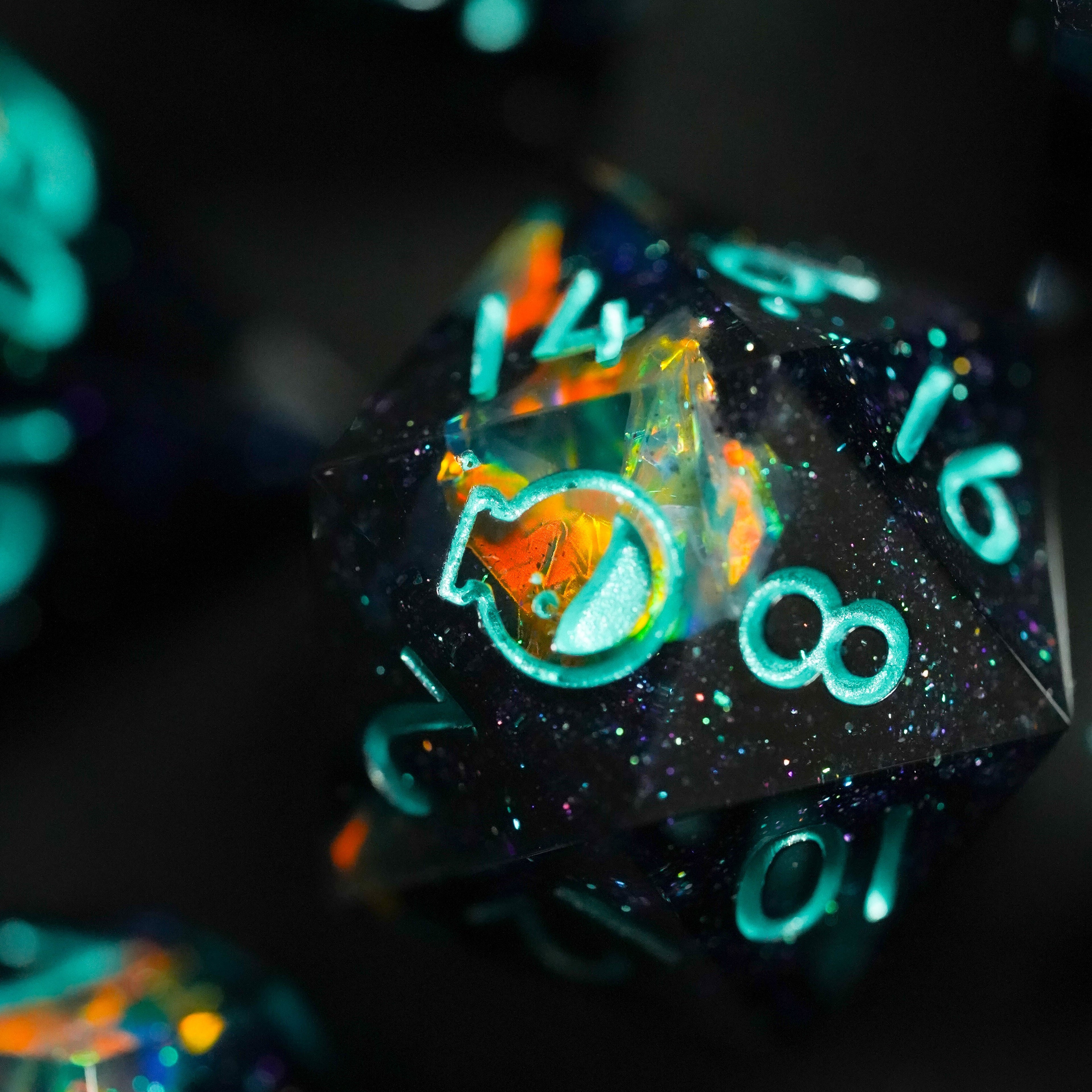 Glowing polyhedral dice with numbers on a dark background