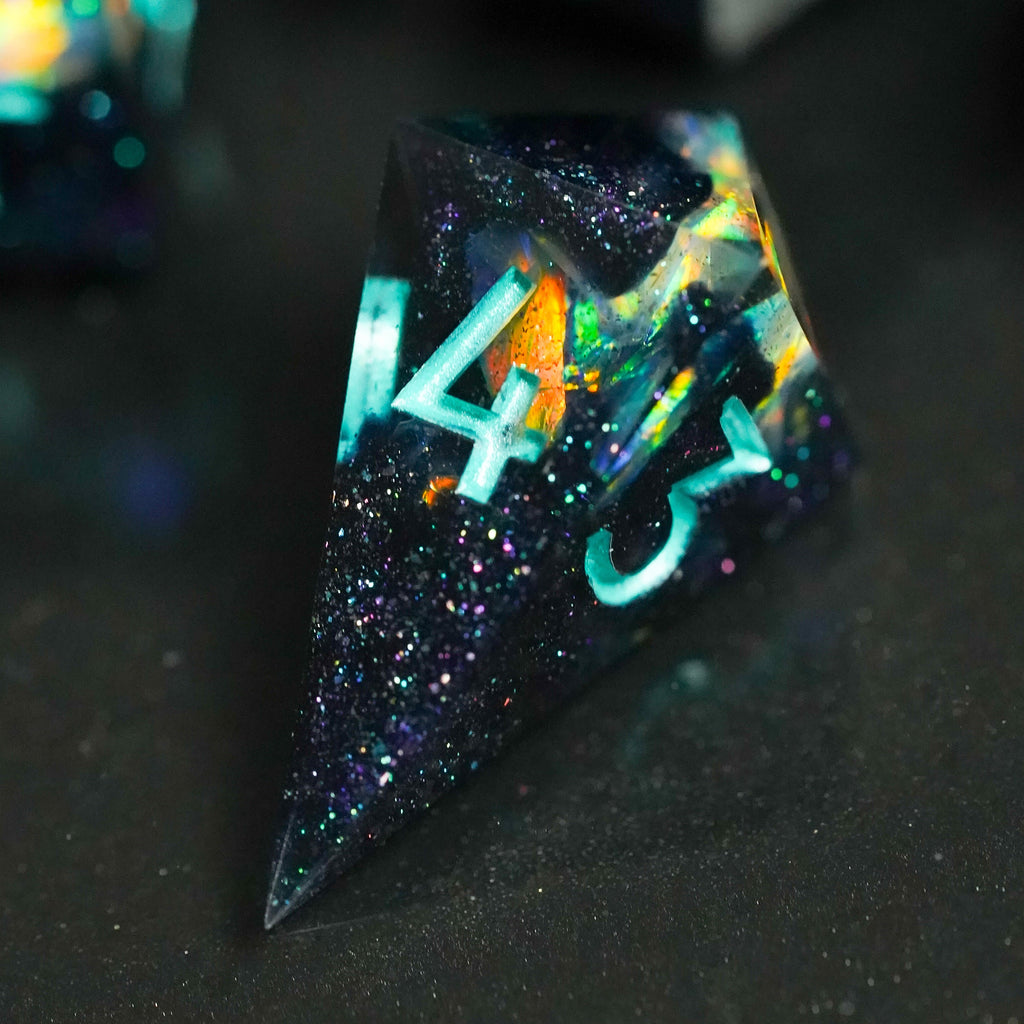 Close-up of a polyhedral dice with glowing numbers on a dark background