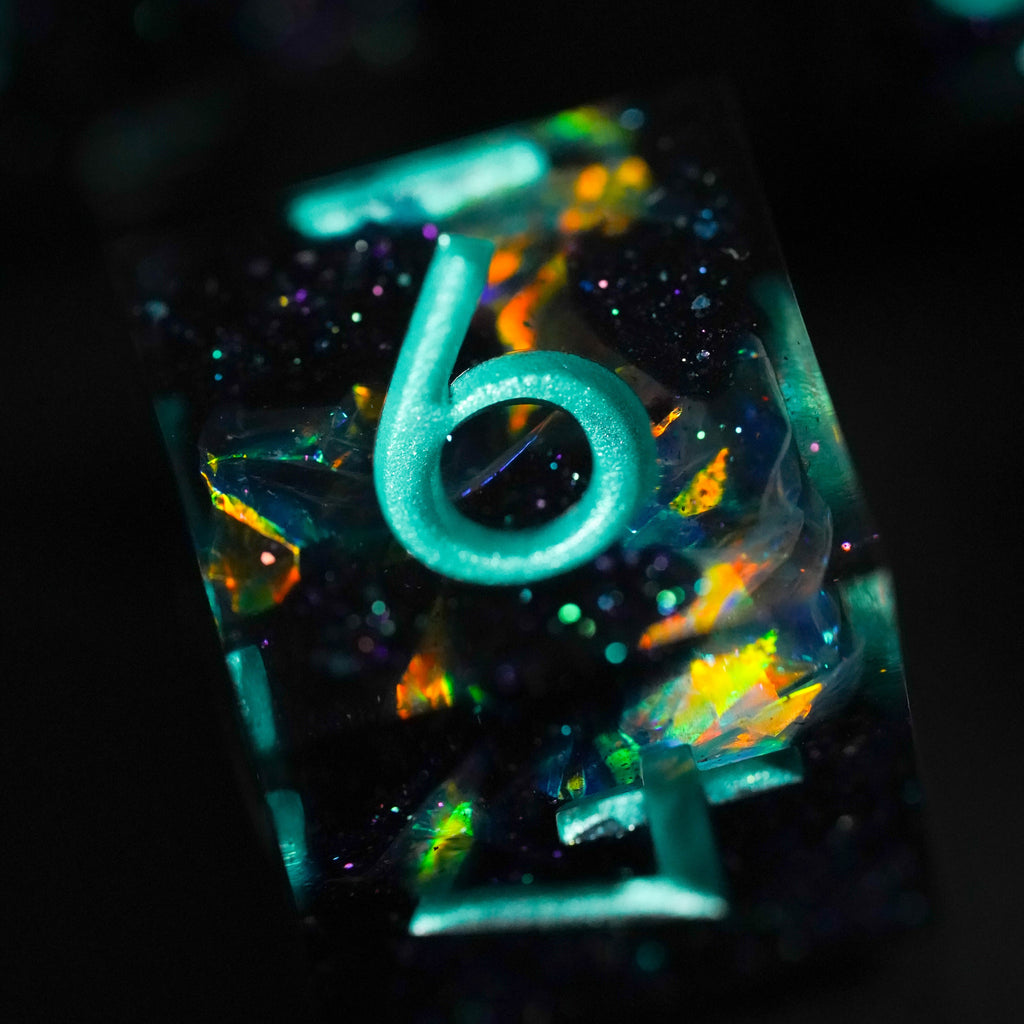 Glowing number 6 on a dark background