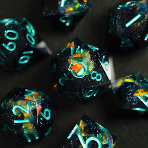 Set of colorful polyhedral dice with glowing numbers on a dark background