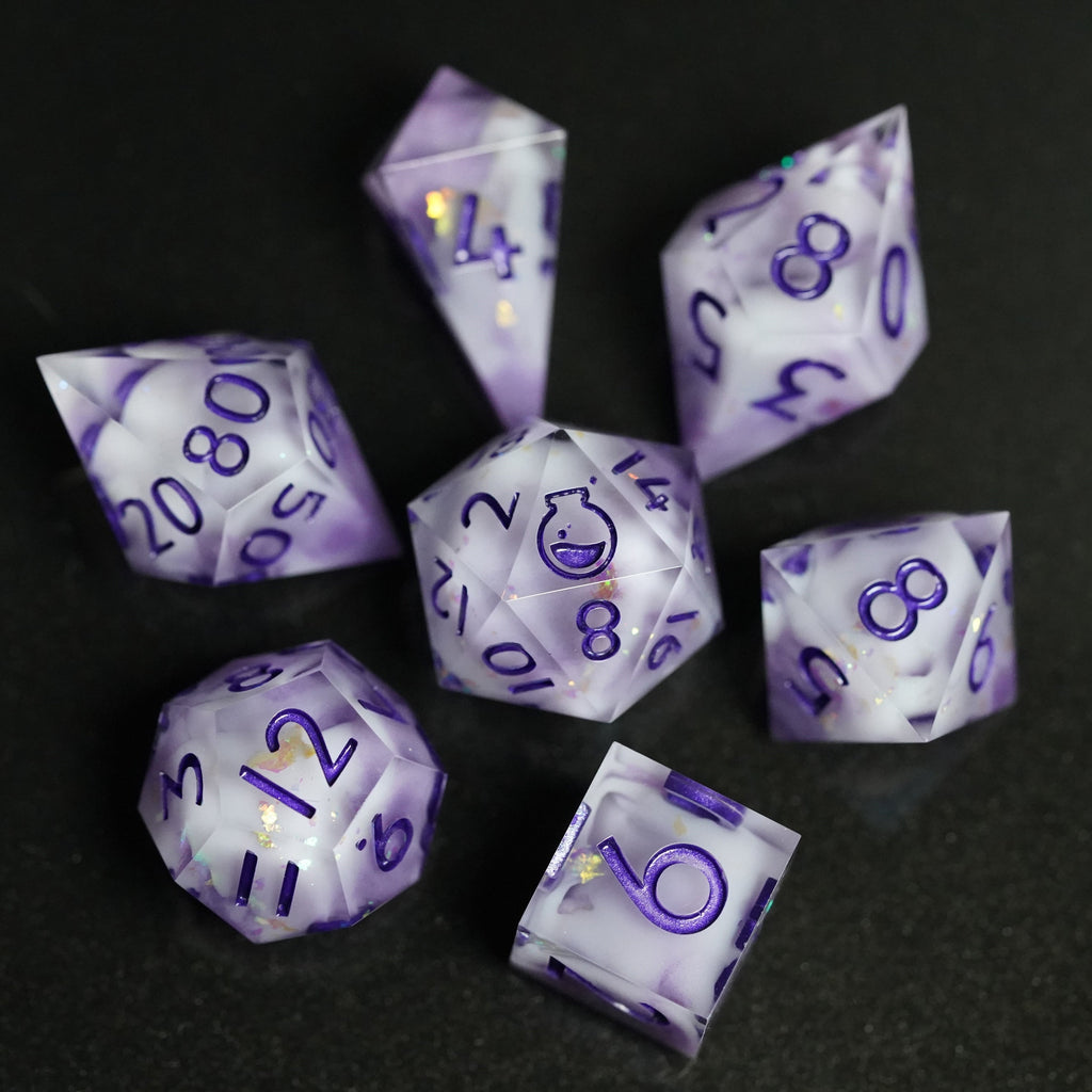 Set of purple polyhedral dice with white numbers on a black background