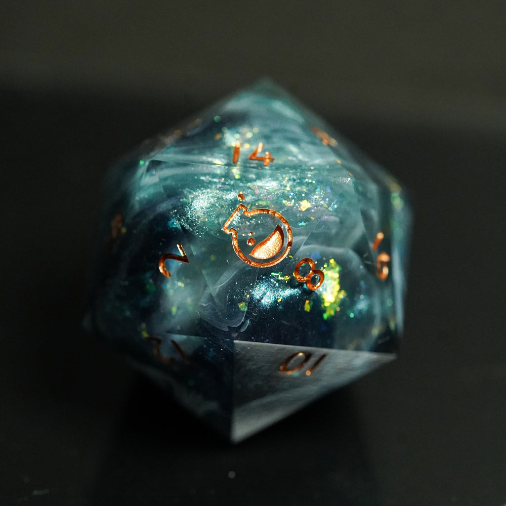 Translucent blue polyhedral dice with numbers on a dark background